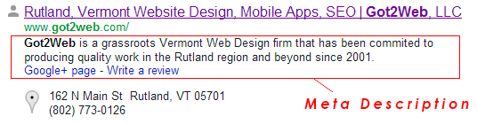 Vermont SEO - This is what a description tag looks like in Google
